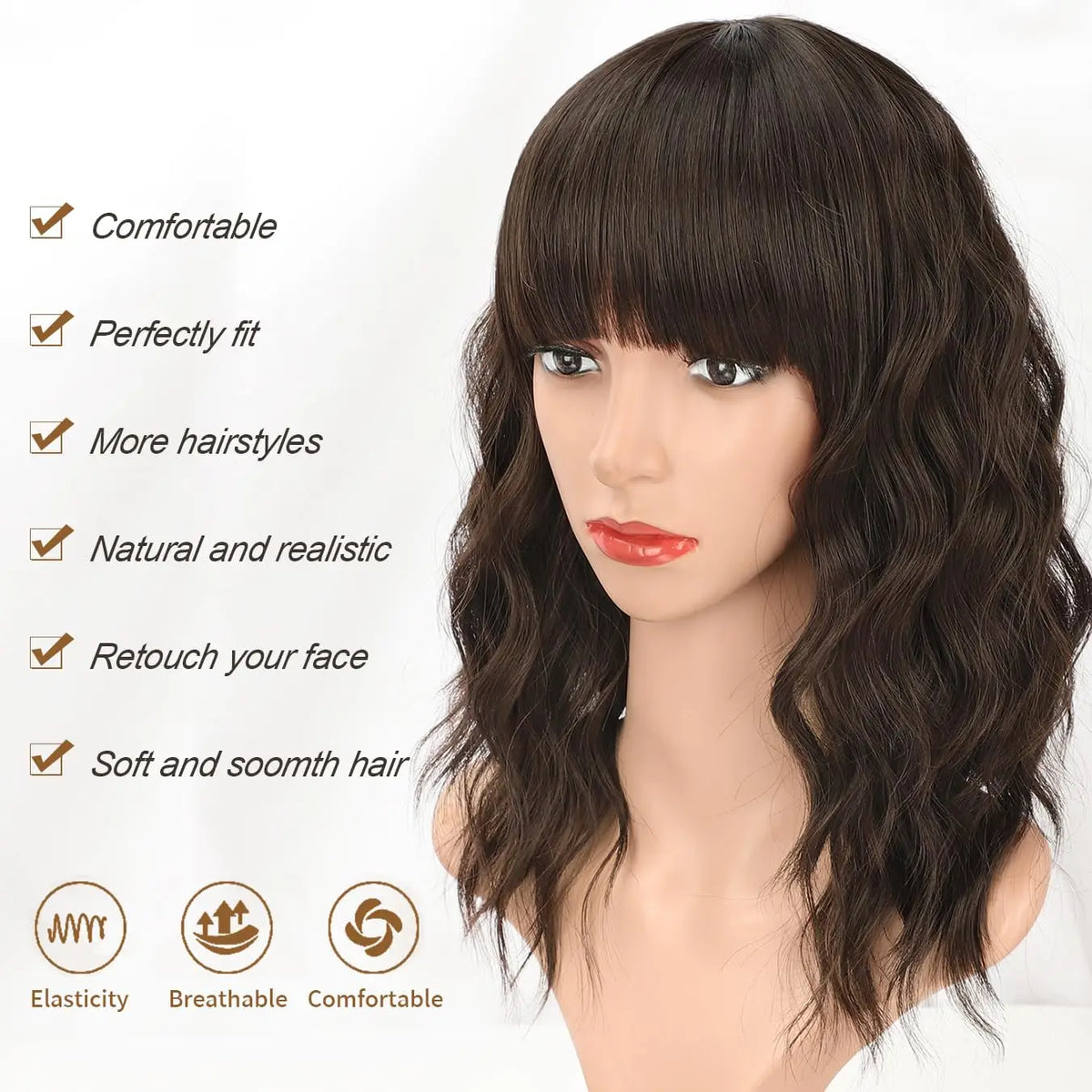 Natural Brown Curly Wavy Bob Wig with Bangs, Synthetic
