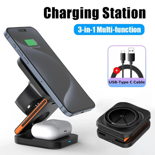 3-in-1 Foldable Magnetic Charging Station - Fast Wireless Charger for iPhone, Apple Watch & AirPods