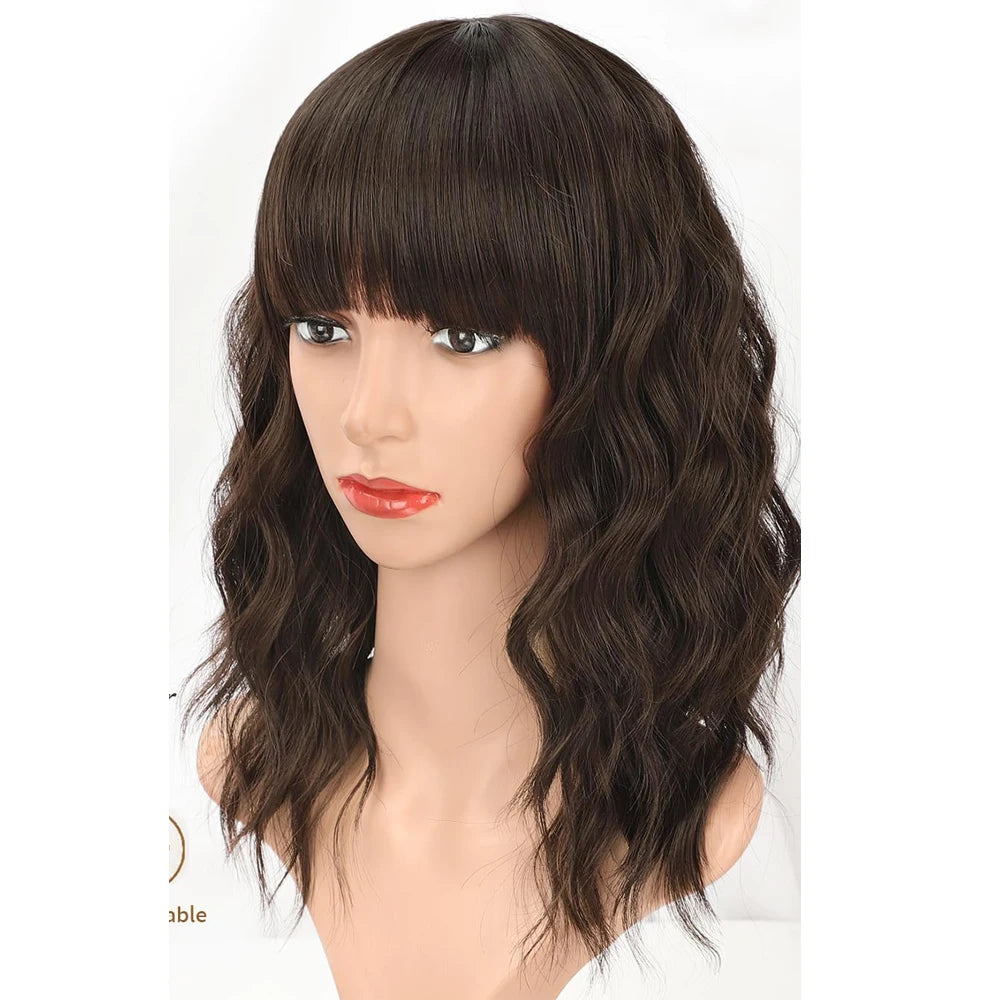 Natural Brown Curly Wavy Bob Wig with Bangs, Synthetic