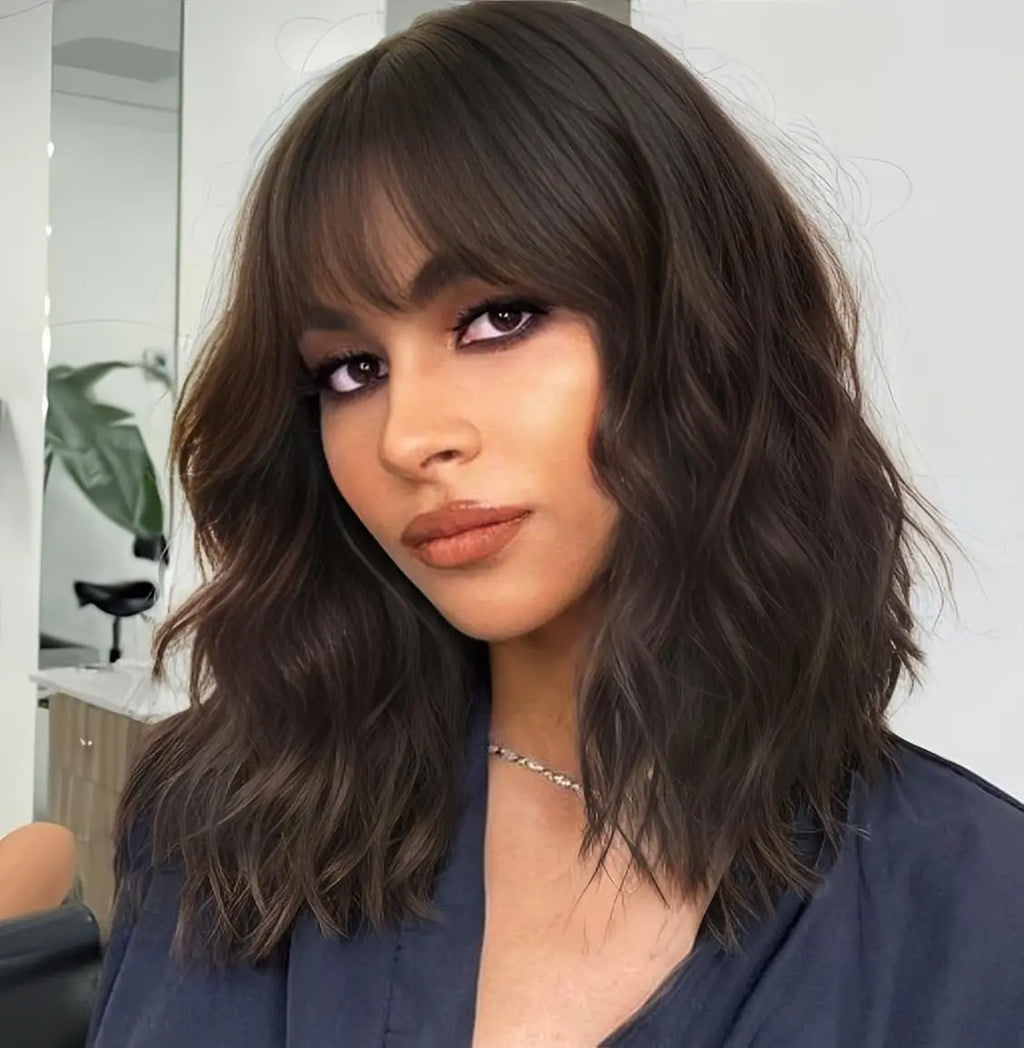 Natural Brown Curly Wavy Bob Wig with Bangs, Synthetic