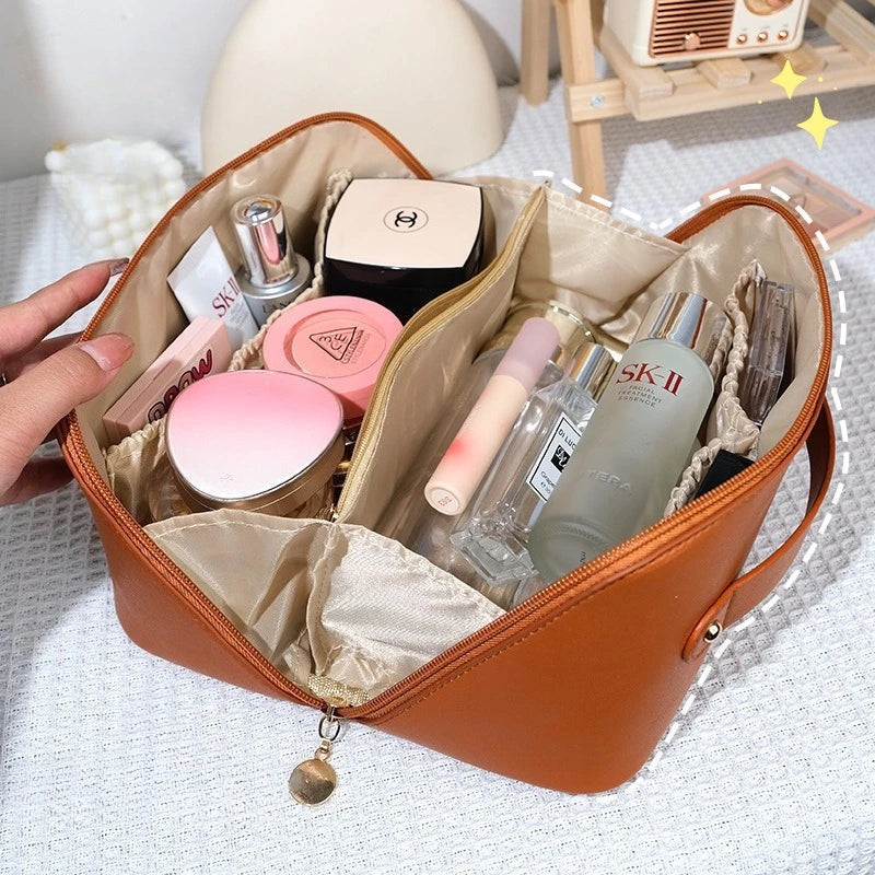 Large Capacity Travel Makeup Bag, PU Leather Wide-Open Cosmetic Pouch