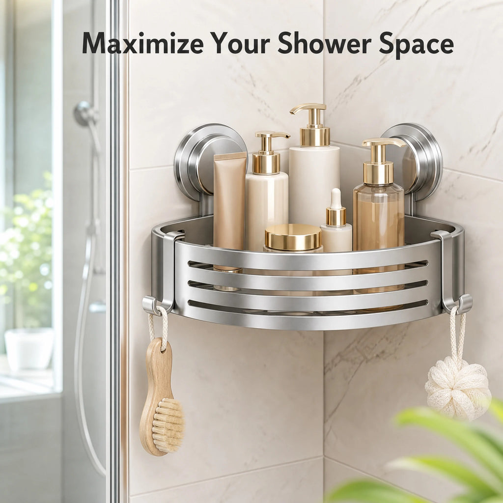 No-Drill Corner Shower Caddy with Towel Bar, Suction Mount Rustproof Bathroom Shelf