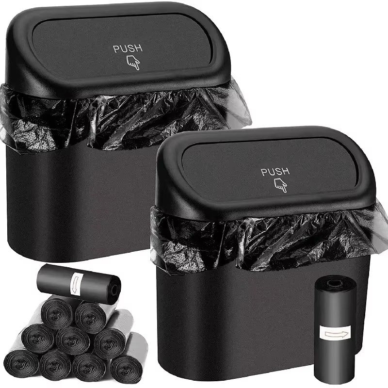 Car Trash Can with Push Lid & Garbage Bags, Leak-Proof Mini Car Garbage Bin for Door Pocket or Console