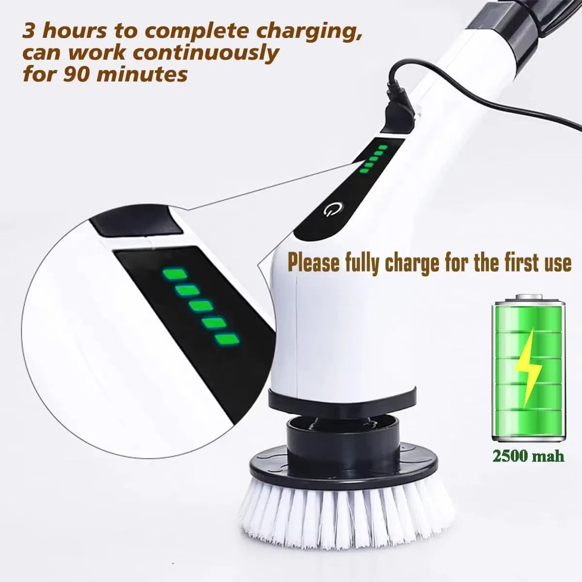 Cordless Electric Spin Scrubber with Extension Handle & Replaceable Brush Heads