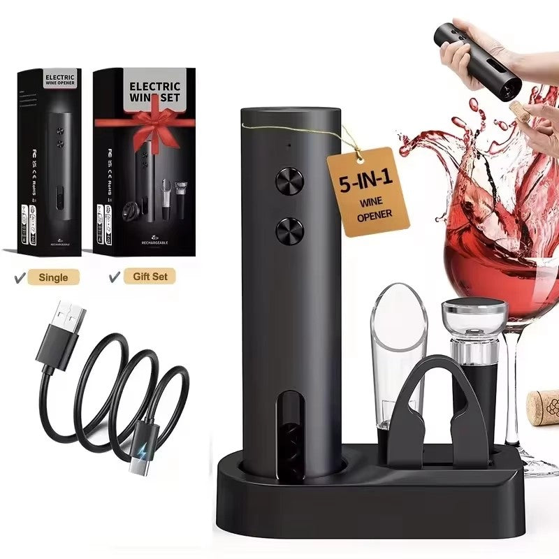 5-in-1 Electric Wine Opener Set with Charging Base, Automatic Corkscrew with Foil Cutter, Pourer & Vacuum Stopper