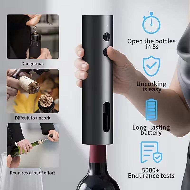 5-in-1 Electric Wine Opener Set with Charging Base, Automatic Corkscrew with Foil Cutter, Pourer & Vacuum Stopper