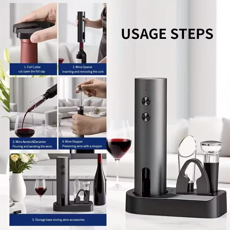 5-in-1 Electric Wine Opener Set with Charging Base, Automatic Corkscrew with Foil Cutter, Pourer & Vacuum Stopper