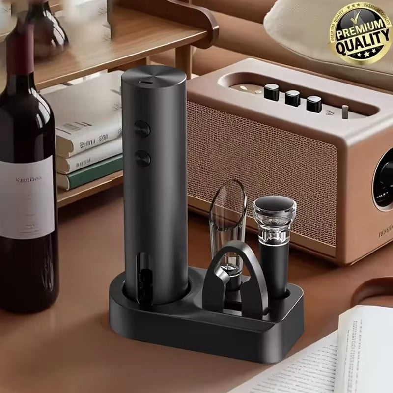 5-in-1 Electric Wine Opener Set with Charging Base, Automatic Corkscrew with Foil Cutter, Pourer & Vacuum Stopper