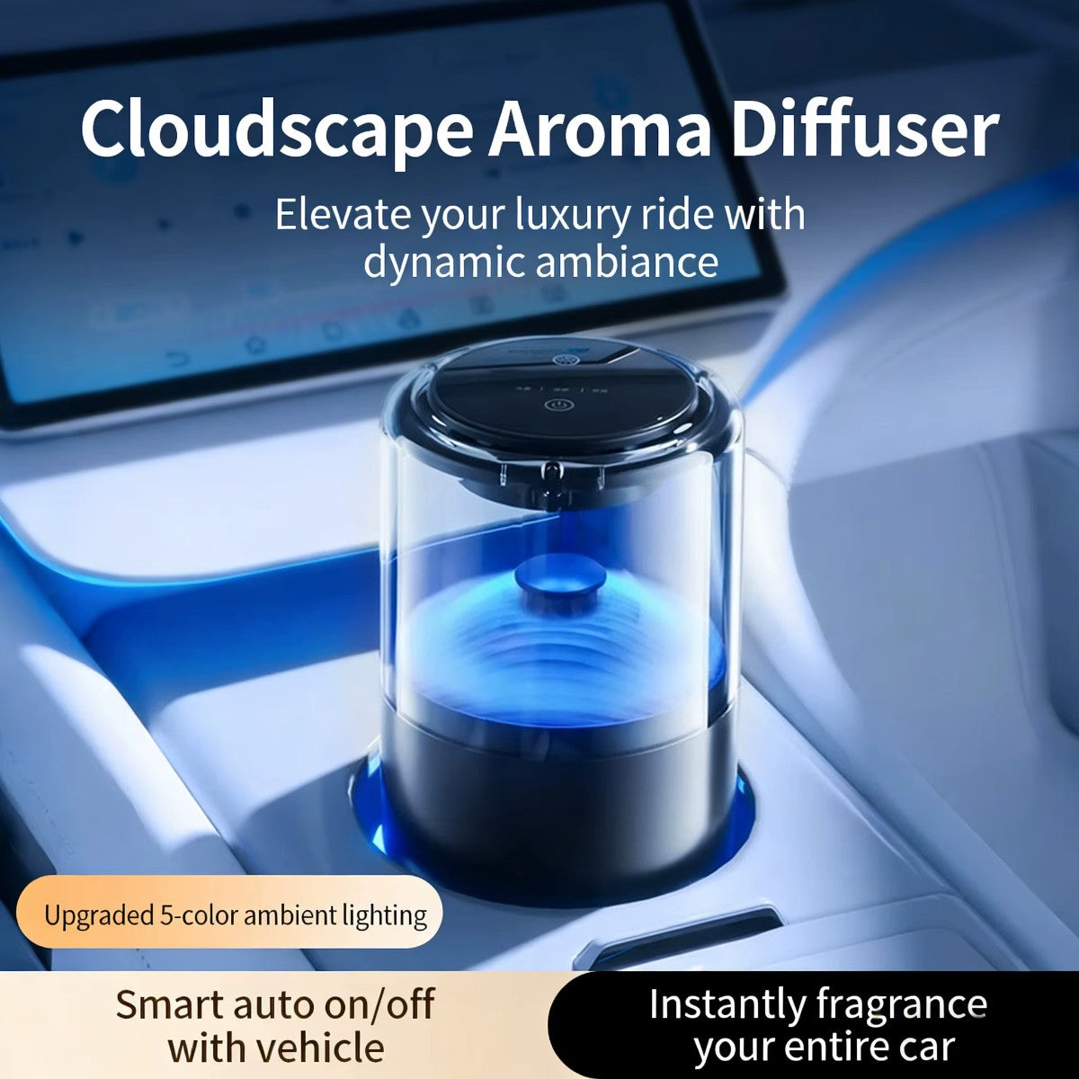 Smart Car Aroma Diffuser with Ambient Light, Automatic Car Air Freshener for Cup Holder, Auto On/Off